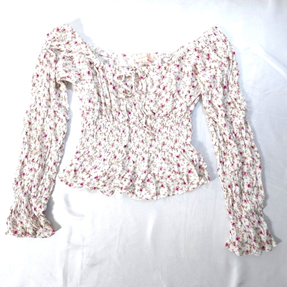 Rose And Grey Floral Smocked Off-Shoulder Top L